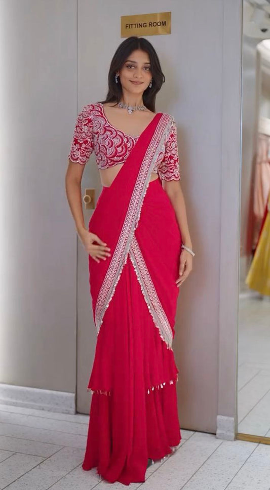 NEW DESIGNER PARTY WEAR LAHENGA SAREE WITH STICH BLOUSE WITH EMBROIDERY WORK