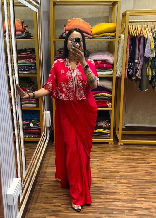 New Designer Heavy Chinon Gown Saree with Stylish Shrug and Attached Dupatta for Weddings