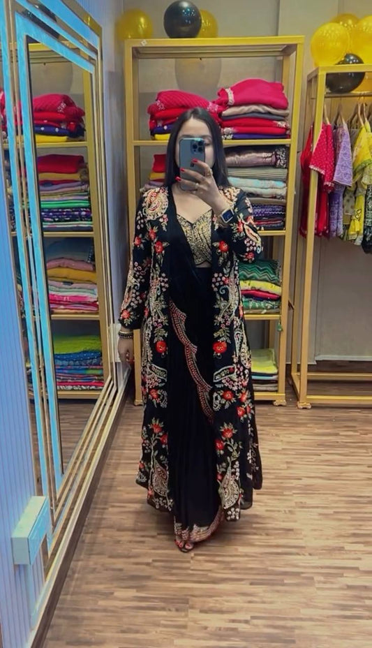 NEW SUPERHIT TRENDING READY TO WEAR BLACK COLOR SAREE WITH FULLY EMBROIDERED KOTI WITH STITCH BLOUSE