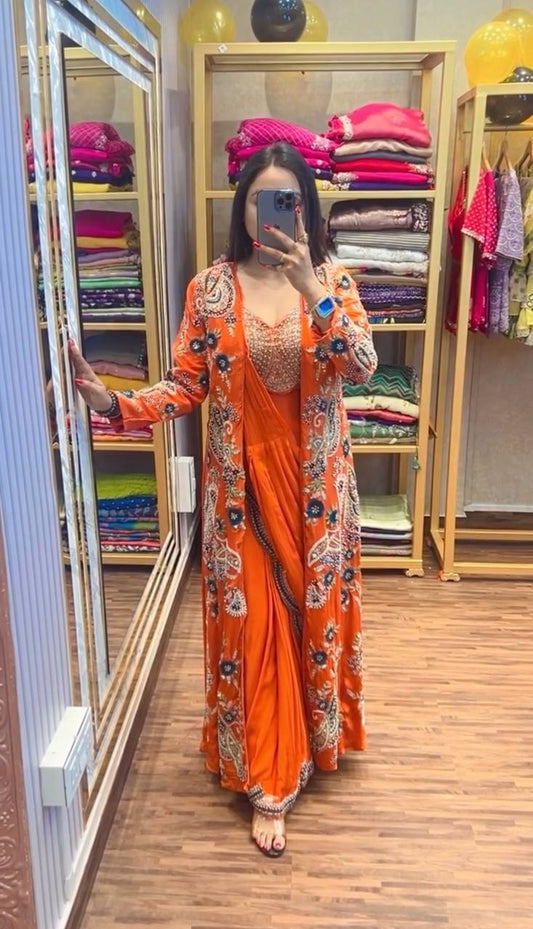 NEW SUPERHIT TRENDING READY TO WEAR ORANGE COLOR SAREE WITH FULLY EMBROIDERED KOTI WITH STITCH BLOUSE