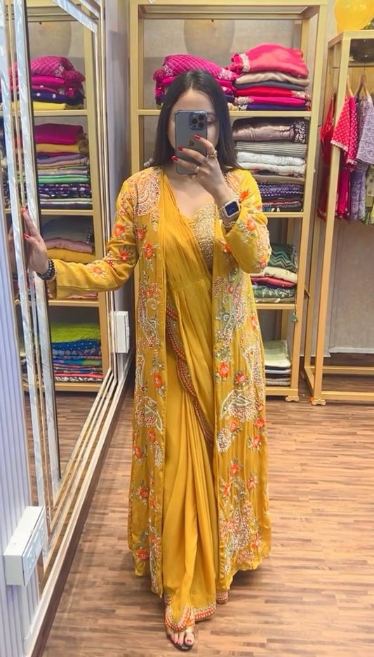 NEW SUPERHIT TRENDING READY TO WEAR YELLOW COLOR SAREE WITH FULLY EMBROIDERED KOTI WITH STITCH BLOUSE
