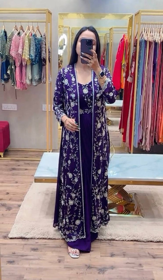 New Trending Blue Color Ready To Wear Saree With Fully Embroidered Koti with Stitch Blouse