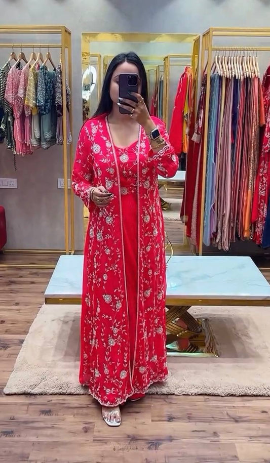 New Trending Pink Color Ready To Wear Saree With Fully Embroidered Koti with Stitch Blouse