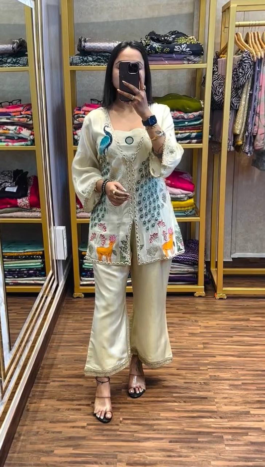 New Launching Co-ord Set With Fully Embroidered Koti With Stitch Plazzo