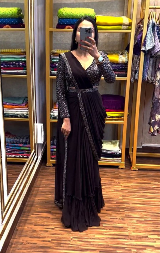 New Trending Black Color Embroidery Sequence work ready to wear saree With Blouse and Belt