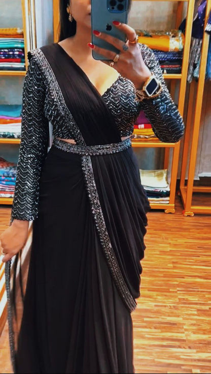 New Trending Black Color Embroidery Sequence work ready to wear saree With Blouse and Belt
