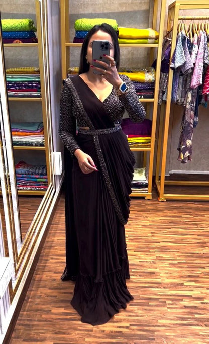 New Trending Black Color Embroidery Sequence work ready to wear saree With Blouse and Belt