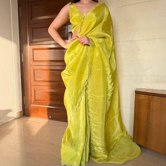 NEW LUNCH LIME GREEN COLOR TISSUE SAREE WITH BLOUSE PEACE