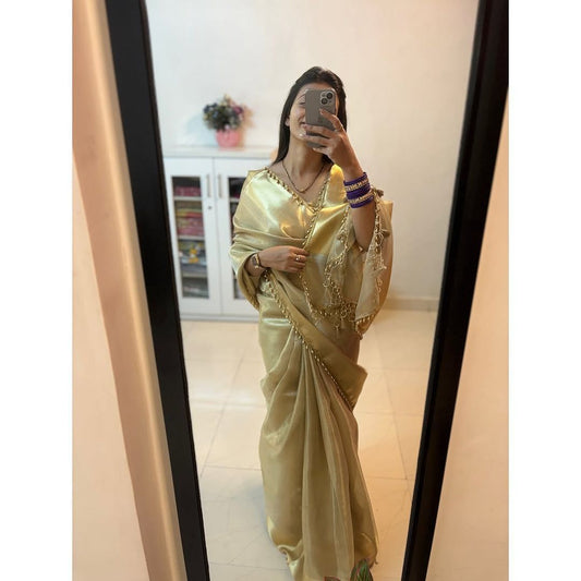 Beautiful Golden Zari Weaving Checks Zari Body With Latkan Lase Border And Weaving Tassels Saree