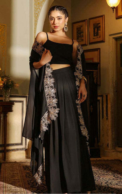 New Superhit Georgette Zari Embroidered Sarara, Blouse With Shrug Set