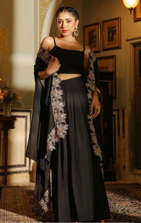 New Superhit Georgette Zari Embroidered Sarara, Blouse With Shrug Set