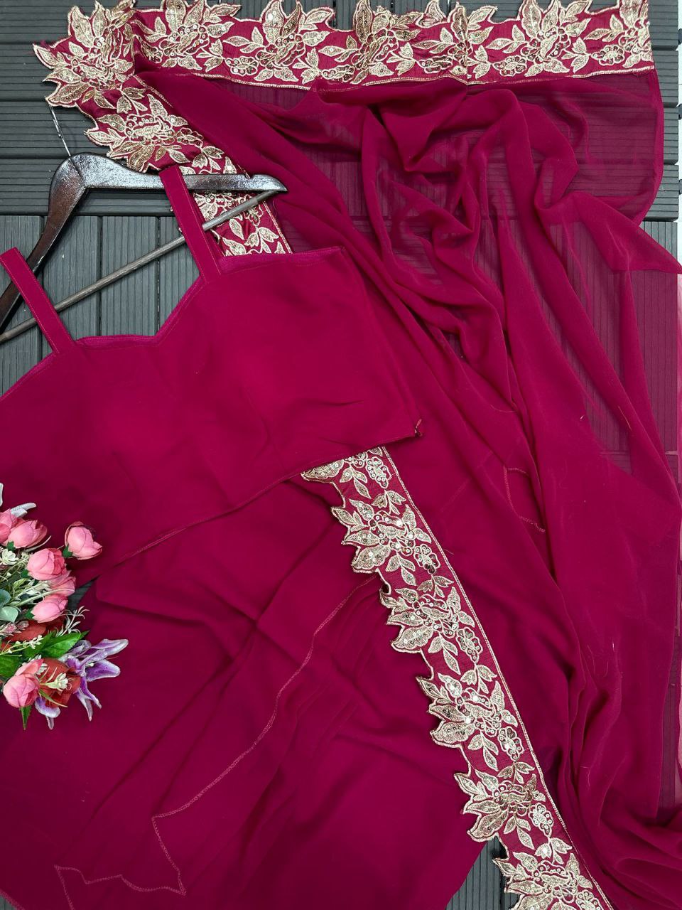 New Superhit Georgette Zari Embroidered Sarara, Blouse With Shrug Set