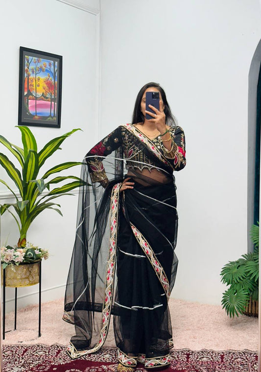 New Designer Party Wear Black Color Saree With Moti Work Border