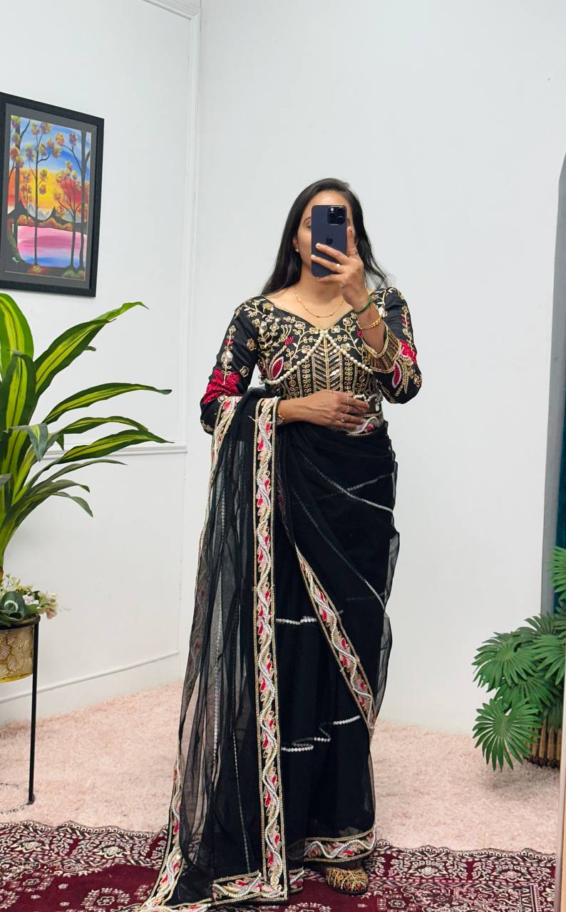 New Designer Party Wear Black Color Saree With Moti Work Border