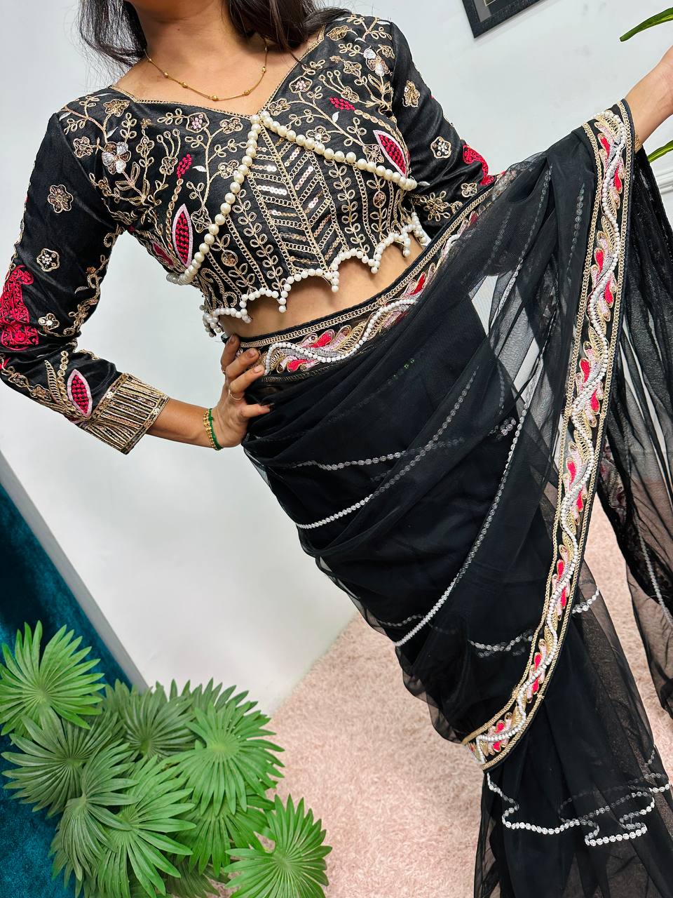 New Designer Party Wear Black Color Saree With Moti Work Border