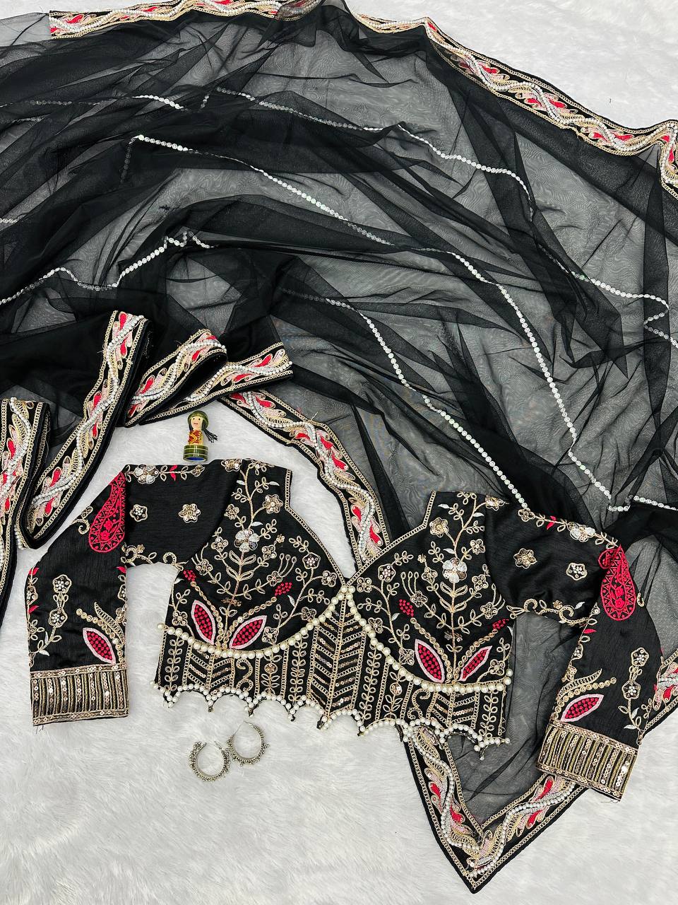 New Designer Party Wear Black Color Saree With Moti Work Border