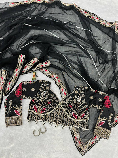 New Designer Party Wear Black Color Saree With Moti Work Border