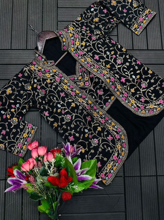 NEW SUPERHIT BLACK COLOR INDO-WESTERN READY TO WEAR SAREE WITH EMBROIDERED KOTI WITH BLOUSE