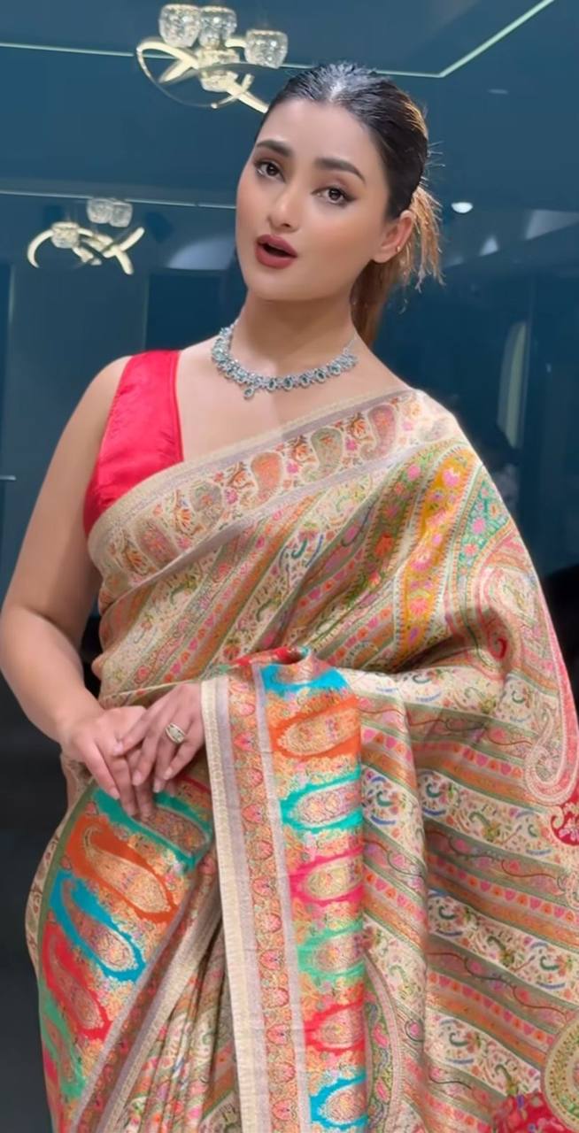 NEW DESIGNER PASHMINA GOLDEN PRINT SAREE WITH RED BANGLORI BLOUSE