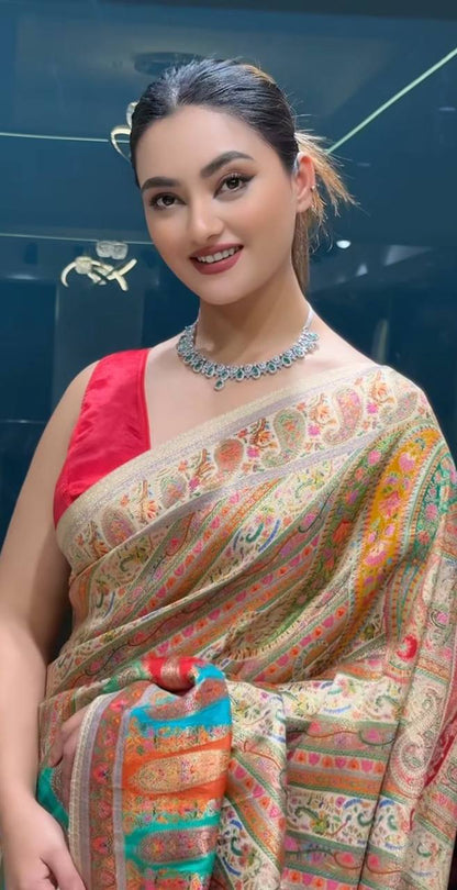 NEW DESIGNER PASHMINA GOLDEN PRINT SAREE WITH RED BANGLORI BLOUSE