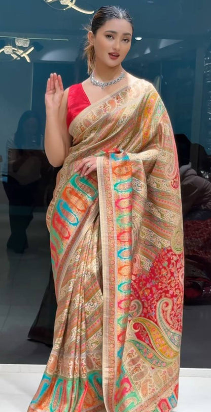 NEW DESIGNER PASHMINA GOLDEN PRINT SAREE WITH RED BANGLORI BLOUSE