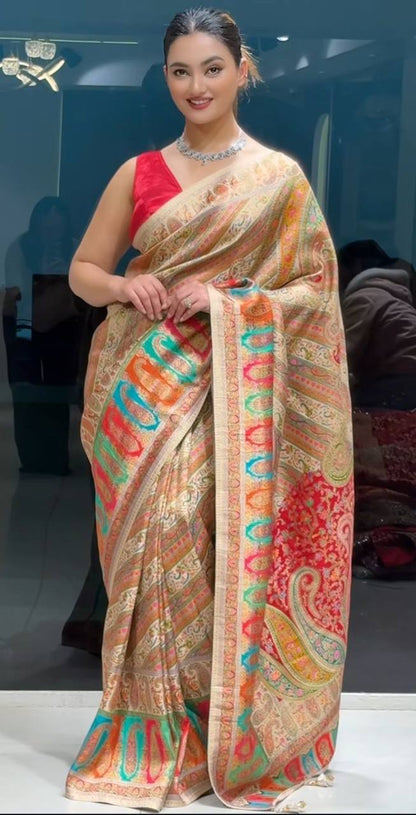 NEW DESIGNER PASHMINA GOLDEN PRINT SAREE WITH RED BANGLORI BLOUSE