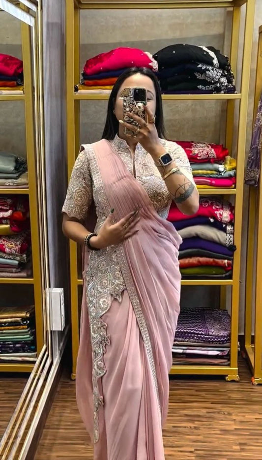 New Super Trending Baby Pink Color Embroidery cording work ready to wear saree with full koti
