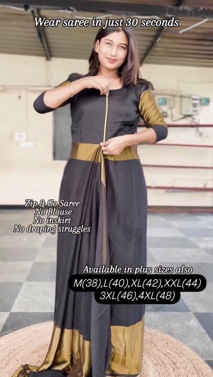 NEW TRENDING BLACK COLOR CHINON ZARI PATTA FABRIC FULLY STITCHED ZIP & GO SAREE-GOWN