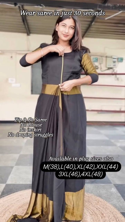 NEW TRENDING BLACK COLOR CHINON ZARI PATTA FABRIC FULLY STITCHED ZIP & GO SAREE-GOWN