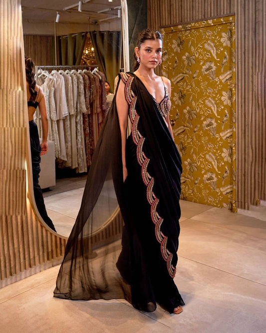 New Superhit Trending Black Colour Embroidered Pre-Draped Jacket Saree