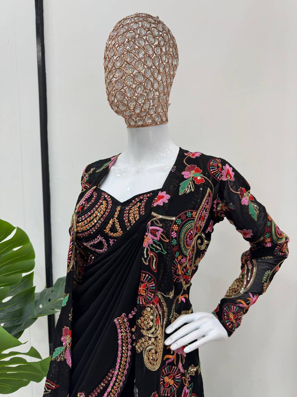 New Superhit Trending Black Colour Embroidered Pre-Draped Jacket Saree