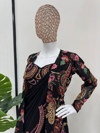 New Superhit Trending Black Colour Embroidered Pre-Draped Jacket Saree