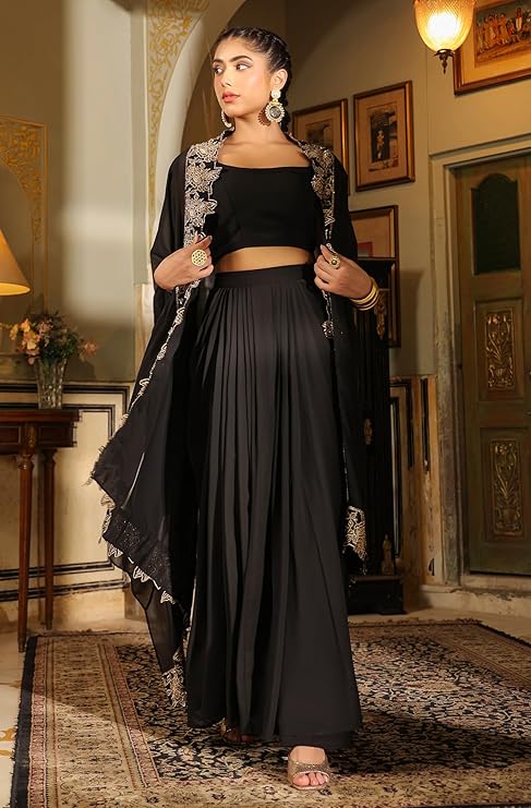 New Superhit Georgette Zari Embroidered Sarara, Blouse With Shrug Set