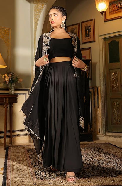 New Superhit Georgette Zari Embroidered Sarara, Blouse With Shrug Set