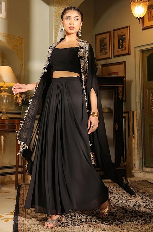 New Superhit Georgette Zari Embroidered Sarara, Blouse With Shrug Set