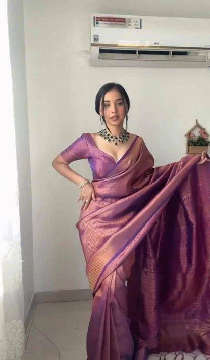 Purple Color Ready to Wear Soft Banarasi Silk Saree with Golden Zari Work