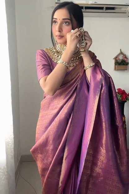 Purple Color Ready to Wear Soft Banarasi Silk Saree with Golden Zari Work
