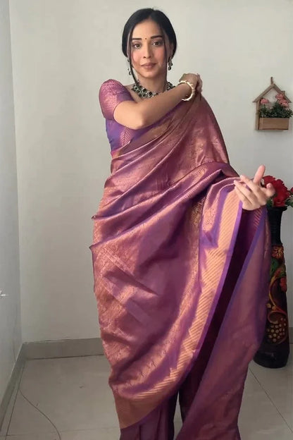 Purple Color Ready to Wear Soft Banarasi Silk Saree with Golden Zari Work