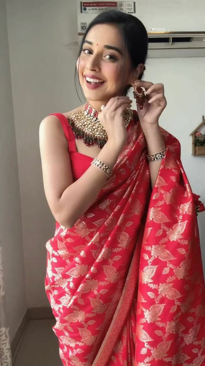 Classic 1-Minute Ready To Wear Red Soft Silk Saree