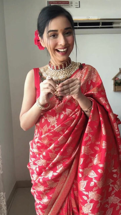 Classic 1-Minute Ready To Wear Red Soft Silk Saree