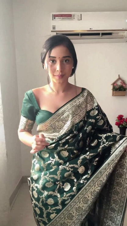 1-Minute Ready To Wear Green Color Soft Silk Saree