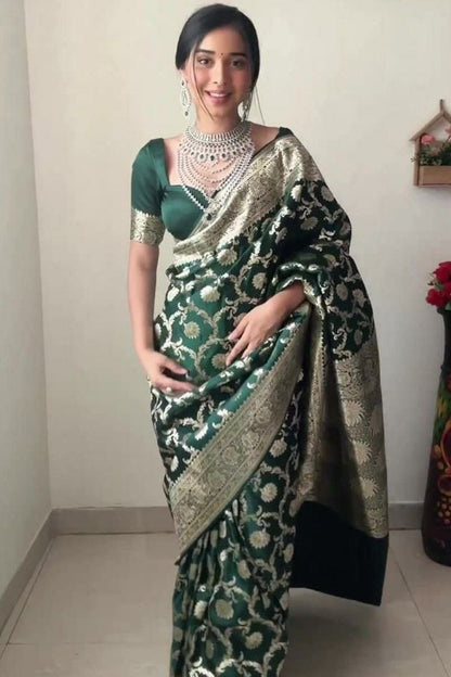 1-Minute Ready To Wear Green Color Soft Silk Saree