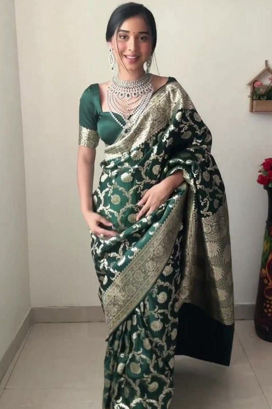 1-Minute Ready To Wear Green Color Soft Silk Saree