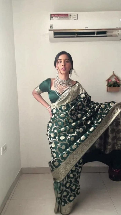 1-Minute Ready To Wear Green Color Soft Silk Saree