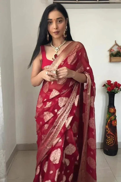 READY TO WEAR BANARASI SILK RED SAREE WITH BLOUSE