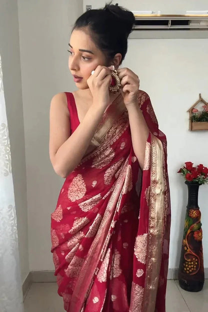 READY TO WEAR BANARASI SILK RED SAREE WITH BLOUSE