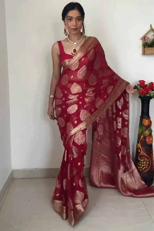 READY TO WEAR BANARASI SILK RED SAREE WITH BLOUSE