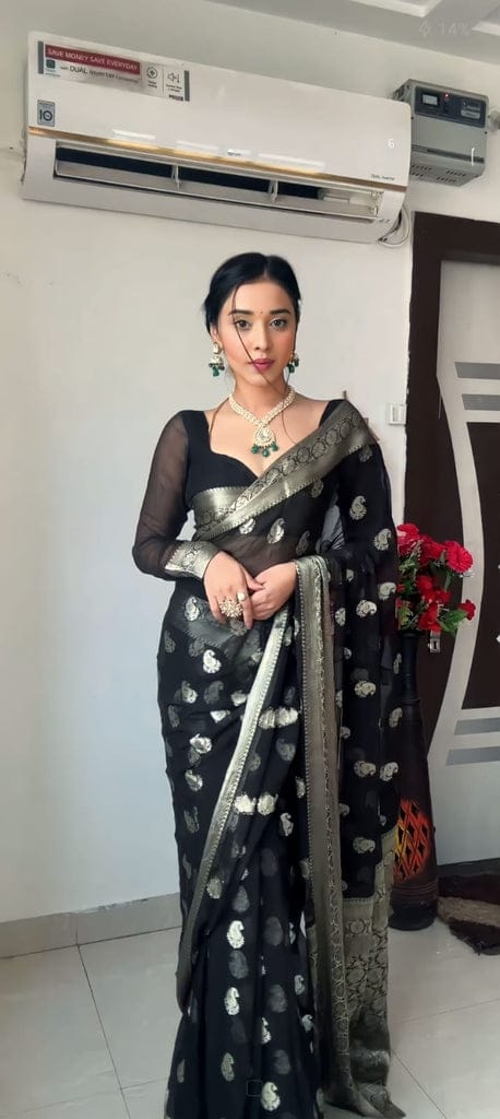 Black Color Ready to Wear Soft Banarasi Silk Saree with Golden Zari Work