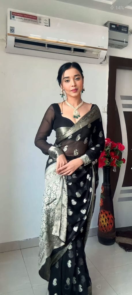 Black Color Ready to Wear Soft Banarasi Silk Saree with Golden Zari Work