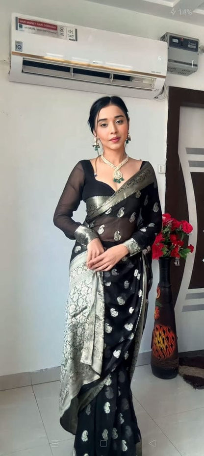 Black Color Ready to Wear Soft Banarasi Silk Saree with Golden Zari Work